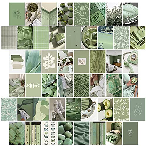 GROBRO7 Grey Green Wall Collage Kit 50 Asthetisches Bild für Wandcollage, Karten Collage Druck Room Dekor Wandkunstdruck für VSCO Poster Display (Khaki Grün)