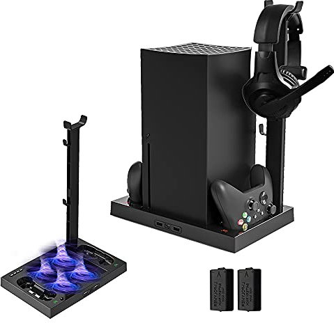Xbox Series X Stand with Fan, Megadream Dual Controller Charging Dock Station with 4 Cooling Fan, 1 Headphone Holder, 2 Pack 1400mAh Rechargeable Batteries for Xbox Series X Console, Black
