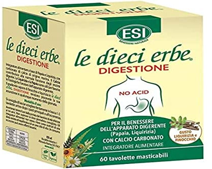ESI - Le Dieci Erbe No Acid, Integratore Alimentare a Base di Corallo Fossile e Papaya, Gusto Finocchio e Liquirizia, Aiuta la Digestione, Senza Glutine, 60 Tavolette Masticabili