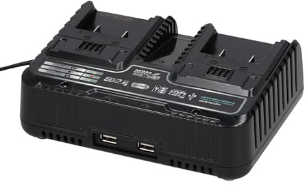 DEDRA Dual Ladegerät 130W 20V 2,3A, mit LED, für Zwei Akkus, Zwei USB-Buchsen zum Laden von Elektronik, Lange Lebensdauer, passend