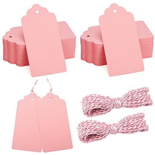 jijAcraft 100 Stück Geschenkanhänger, Groß Kraftpapier Anhänger Etiketten 5 x 10 CM, Anhängeetiketten mit Juteschnur, für Geschenkverpackung, Hochzeit, Lesezeichen, Weihnachten (Rosa)