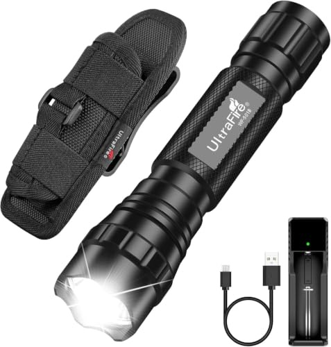 UltraFire Linterna LED de modo único con 4 piezas UFB18 y cargador, kit de mini linterna táctica de 500 lúmenes para senderismo, camping, emergencia al aire libre
