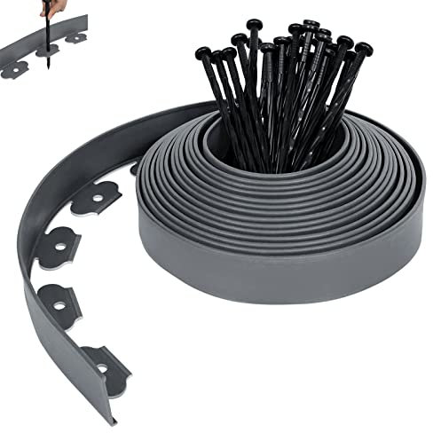 XMTECH Flexible Rasenkante Kunststoff 20m, mit 60 Befestigungsheringen, Beeteinfassung blumenbeet Umrandung Grau