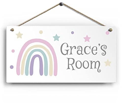 Personalised Room Sign with Childs Name - Pastel Rainbow Theme. Gloss Metal Wall Art. Baby, Toddler, Infant Bedroom.