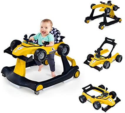 COSTWAY 4 in 1 Lauflernhilfe, Lauflernwagen klappbar mit einstellbarer Höhe & Geschwindigkeit, Baby Walker Autoförmig mit Musikbox, Licht & Rädern, Gehfrei Baby ab 6 Monaten, 12kg Belastbar (Gelb)