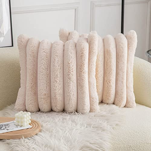 Neelvin 2er Set Plüsch Kissenhülle Kunstpelz Gemütliche Weiche Gestreifte Dekorative Kissenbezug Kissenbezüge Dekokissen Zierkissenbezug Sofakissen Beige 60x60 cm für Sofa Schlafzimmer