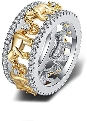 BCughia Ring Größenverstellbar, Zirconia Ring Silber Gold Kupfer Rundschliff Elefant mit Zirkonia Vorschlag Ringe Geschenke für Damen Größe 54 (17.2)