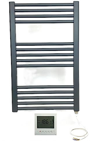 Greened House 400w x 800h Anthracite Electric Flat Heated Towel Rail Bathroom Radiator + 7 Day Timer and Room Thermostat