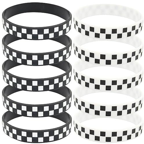Hrippy 10 Pcs Rennen Gummi -armbänder Schwarz -weiß -Rennwagen Silikon -armbänder Für Rennen, Dirtbike, Events, Rennwagen -partydekorationen