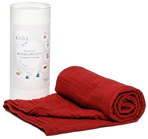 K.A.O.S by T&M Premium Musselin Babydecke/Kuscheldecke/Musselintuch in Rot - Rotes Handtuch Geburt - 120x120 cm - 6-lagig - 100% Baumwolle - Geschenk zur Geburt Junge Mädchen