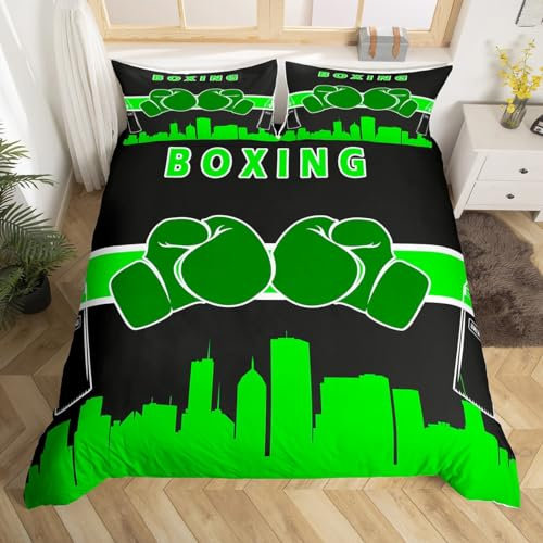 Homewish Grünes Boxhandschuh-Bettwäsche-Set, Pugilismus-Spiel, Bettbezug, Einzelbett, für Kinder, Jungen, Mädchen, grün-schwarz, Bettwäsche-Set, Boxdecke, Box-Sportmotiv, ultraweich, 2-teilig