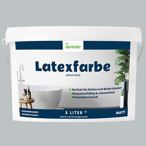 derendo Latexfarbe grau elefantengrau matt abwaschbar 5 Liter für Innen Küche Badezimmer streichen graue Wandfarbe hohe Deckkraft 5l