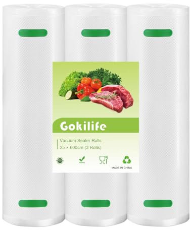Gokilife Vacuum Sealer Bags Rolls - 3 Rolls 25 x 600 cm Sous Vide Bags, BPA Free, Durable Commercial Customized Size Food Bags for Food Storage and Sous Vide Cooking