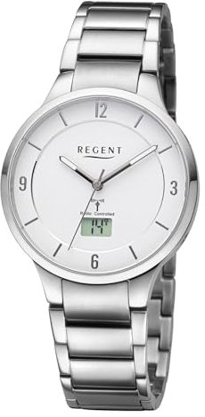 REGENT URFR287 Montre radio-pilotée analogique et numérique pour femme Bracelet en métal argenté, Argenté.