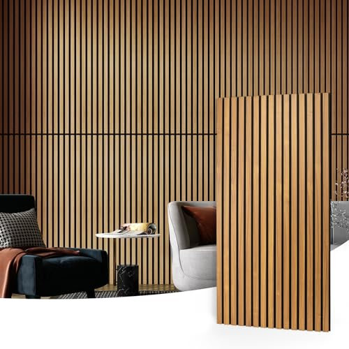 Art3d 4 Pack Acoustic Wood Slat Wall Panels for Interior Decor, 3D Fluted Sound Absorbing Wood Paneling for Accent Wall Ceiling Kitchen Living Room Bedroom Office - Teak Covering 2.88㎡