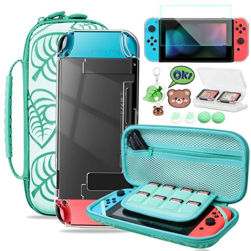 Switch Tasche Accessories Bundle Zubehör,11 in 1 Switch Zubehörset: Switch Tragetasche, Switch Schutzhülle, Switch Bildschirmschutz, Spielkoffer, Aufkleber&4PCS Niedlich Daumenkappen - Animal Crossing