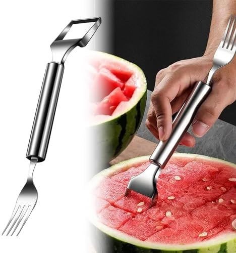 2-in-1 Stainless Steel Fruit Cutter, Dual Head Fruit Forks Slicer Knife for Home Kitchen Gadget for Family Parties Camping,2024 New Watermelon Fork Slicer Cutter Slicer Tool (Silver)