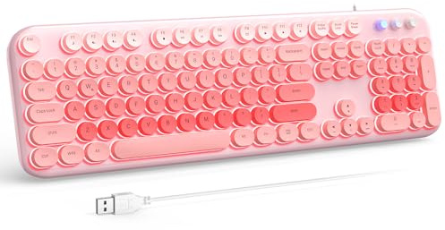 Atelus Clavier filaire rétroéclairé, clavier d'ordinateur USB avec touches rétro, pavé numérique et touche de raccourci média pour bureau, PC, ordinateur portable et Windows 7, 8, 10, 11 (rose coloré)