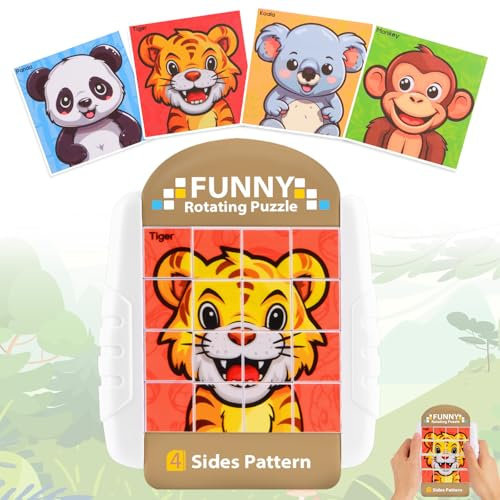 Drehbares Puzzle 16 Teile Kinder 3 4 5 6 Jahre, Geduldspiele, 4 in 1 Puzzle, Flugzeug Autofahrt Hochzeit Beschäftigung Fidget Toys, Lernspielzeug Motorikspielzeug, Geschenk für Kinder(Tier)