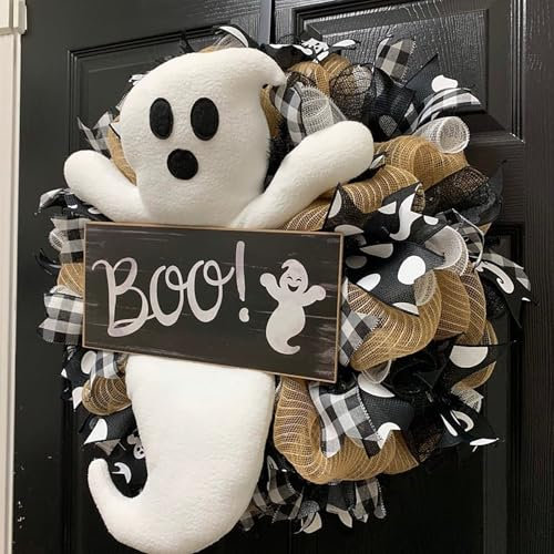 45cm/18Inch Hallowenn Streamer Wreath,Theme Parties, Berries, Bow-knot, and Pumpkin Harvest Autumn Front Door Wreath for Halloween Thanksgiving Theme Parties Decoration