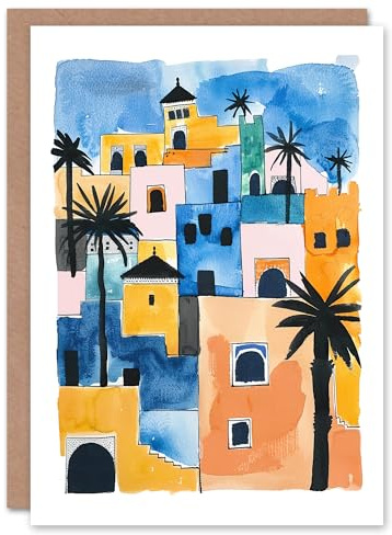 Artery8 Greeting Card Morocco African Cityscape Blue Orange Watercolour Blank For Him Or Her Art Birthday Card
