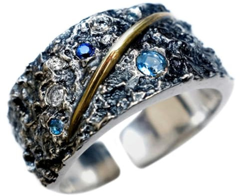 Caiduoduo Diamantring Herren Sternenhimmel Ring Saphir Silber Handgemachter Ring