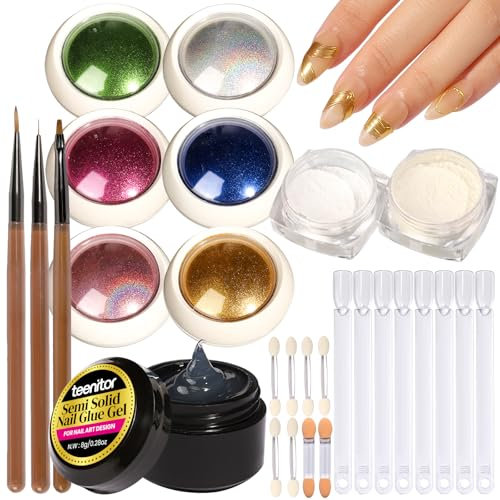 Teenitor Chrome Nail Powder with 3D Nail Gel, Gold Chrome Powder for Nails Pearl Chrome Nail Powder, Nail Chrome Nail Art Tools