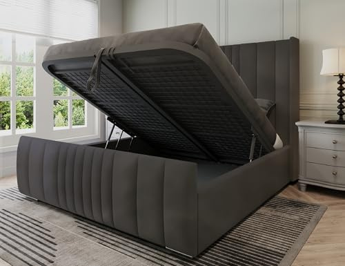 Manhattan Superking Ottoman Bed Frame, Modern Velvet Panelled Superking Ottoman Bed with Gas Lift Storage, Luxury 6ft Super King Size Beds with Metal Mesh Base & 48 Headboard in Steel Plush