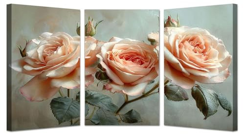 WIKEO Rosa, verde 3 pezzi Quadri di Piante Rustiche, Bella arte floreale Stampe da Parete Botaniche Boho,Decorazione Moderna di Fiori per Soggiorno Camera da Letto-60x80cmx3 Incorniciato