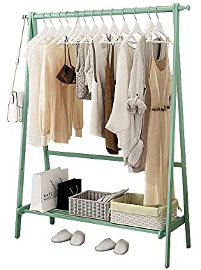 Bambus-Kleiderständer mit Haken und Regalen, freistehend, Garderobenständer für Schlafzimmer, Flur, Wohnzimmer, natürliches Holz, multifunktionaler Kleiderschrank-Organizer (Grün, 55 x 40 x 145 cm)