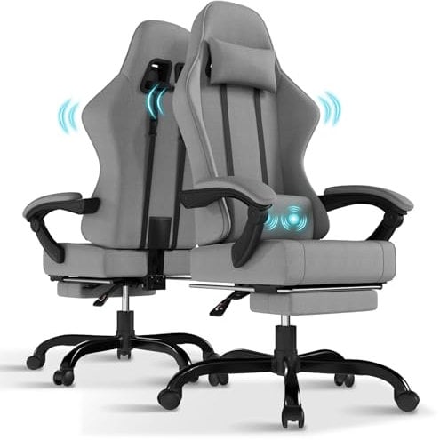 TRIUMPHKEY Gaming Stuhl Stoff, Gamer Sessel mit fußstütze, Gaming Chair Ergonomic mit Massage Lendenkissen, Sitzbreite 50cm Bürostuhl, Gamer Stuhl Massage, Hellgrau