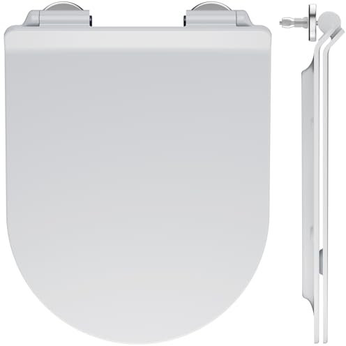 ANYCEE Tavoletta WC con Chiusura Ammortizzata,Ultra Sottile – Sedile WC in Duroplast, Forma a D, Copriwater con Quick-Release, Vaschetta Universale, Rapido Montaggio, Elegante Copriwater in Bianco