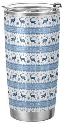 EtherSpher Thermobecher mit Weihnachtsmotiv aus Edelstahl mit Strohhalm-Deckel, auslaufsicher, für Fitnessstudio, einfach moderner Becher mit Strohhalm, Vaso Para, Cafe Termica 590 ml, Blau und Weiß