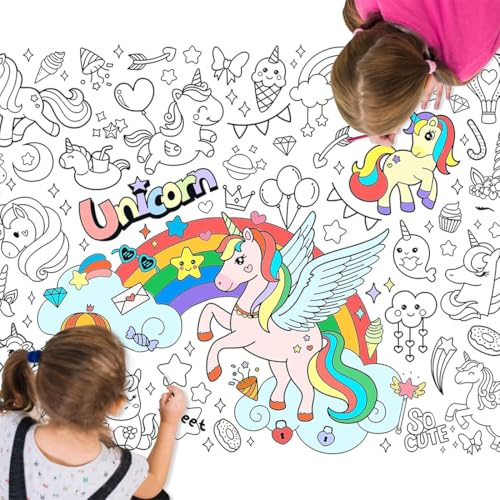 Ausmaltischdecke Kinder, Maltischdecke für Kinder, Einhorn Tischdecke Kindergeburtstag, 80 x 110cm, DIY Papier Ausmal Tischdecke, Einhorn Deko Kindergeburtstag Geburtstag Mädchen