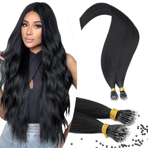 TESS Nano Beads Hair Extensions 100% SSS Grade Real Human Hair for Women UK #01 Jet Black 14 Inch 35g (Nano Rings Tip Included)