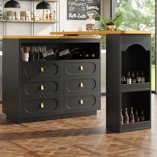 Bladez Ausziehbarer Bartisch 360° Drehbares Sideboard Essbar, Modernes Multifunktionales Bar Tisch aus Holz, 138-203cm, mit Schubladen und Stauraum Regal, für Küche, Wohnzimmer, Esszimmer (Schwarz)