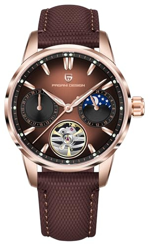 Pagani Design Luxus Herren Automatikuhr Skelett Tourbillon Mondphase Edelstahl 100m Wasserdicht Lederband Herren Mechanische Uhr