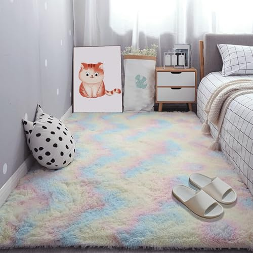 GOUBAN Hochflor Teppich 220 x 350 cm Kuscheliger Wohnzimmerteppich Langflor Plüsch Dekoration für Schlafzimmer, Küche Und Esszimmer, Mehrfarbig
