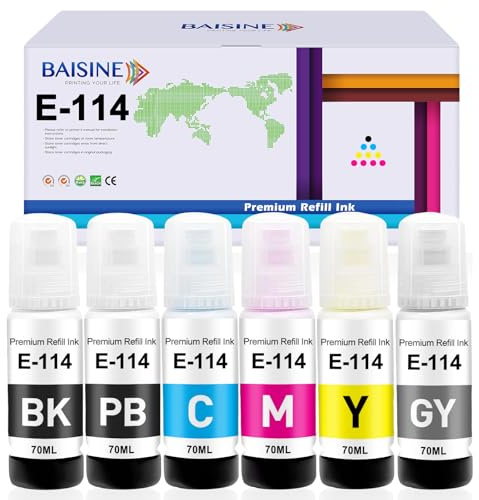 BAISINE 114 Tinte Kompatibel für Epson 114 Tintenflasche Multipack | Kompatibel für Epson Ecotank ET-8500, Ecotank ET-8550, (6er Pack , Schwarz/Foto Schwarz/Cyan/Magenta/Gelb/Grau)
