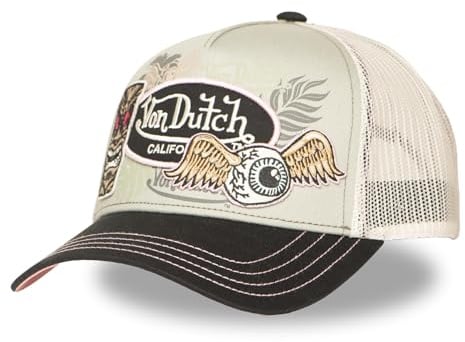 Von Dutch Cap Herren und Damen, Trucker Patches, Grau 13 | Unisex, Erwachsene 55,5-60cm, Verschluss Snapback, Schweißband, Steifes Mesh, Gebogener Schirm, Vintage