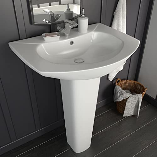 Lavabo autoportant avec colonne en céramique, blanc, 650 x 520 x 200 mm, pour salle de bain et buanderie