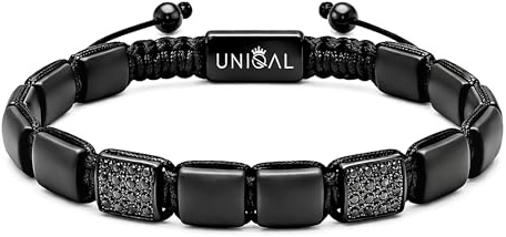 UNIQAL | Herren Armband Naturstein 8mm quadratisch facettierte Perlen | Zirkonia Elemente | Verstellbar Makramee | Tigerauge Onyx Lapislazuli Lava | Geschenk Schmuck