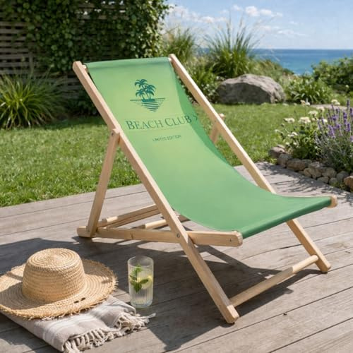 HAGO24 Strandliege Beach Sonnenliege Gartenliege Liegestuhl Klappstuhl Holz Kiefernholz Polyester 3fach verstellbar faltbar Balkon Terrasse 120kg