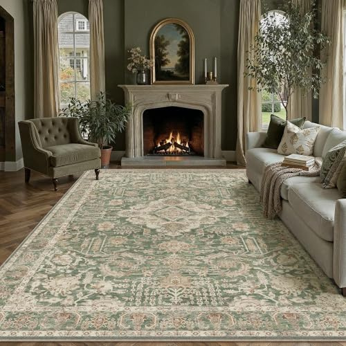 PureCozy Grün Teppich Wohnzimmer 240x300cm Vintage Waschbarer | Groß,Waschbarer Teppich Wohnzimmer, Rutschfest, Geeignet Für Schlafzimmer, Esszimmer,Büro