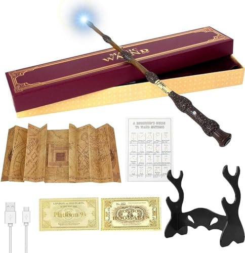 CJBIN Baguette magique Dumbledore avec lumière, 39 cm, recharge USB, baguette magique Dumbledore dans une boîte cadeau avec carte, billet de station, carte et support