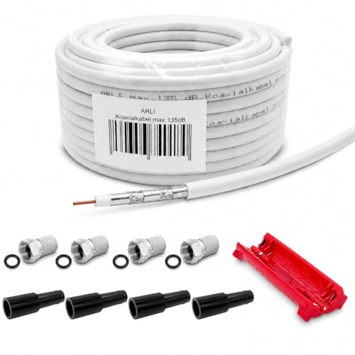 ARLI 50m Koaxialkabel max. 135 dB 5-fach geschirmt + 4x F-Stecker 4x Gummitüllen Abisoliermesser Sat Antennenkabel 75 Ohm Kabel DVB-S2 DVB-T2 DVB-C2 Weiß Set HD TV 4K