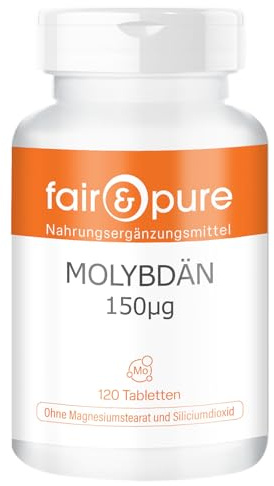 Fair & Pure Molybdän 150mcg, 120 Tabletten, schluckfreundlich, aus Natriummolybdat, Nahrungsergänzungsmittel vegan ohne Magnesiumstearat, in Deutschland hergestellt