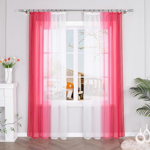 Yujiao Mao 2er-Pack Verlauf-Farben Muster Voile Gardinen Schal Vorhänge mit Kräuselband, BxH 140x225cm, Rot