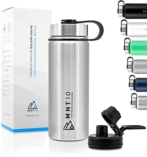 MNT10 Edelstahl Trinkflasche 500ml I Premium Isolierflasche für Wandern, Fitness, Fahrrad, Schule und Büro I Wasserflasche + Gratis Sportdeckel (Edelstahl | 500ml)