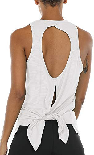 icyzone Damen Sport Top Yoga Fitness Shirt Rückenfrei Oberteil Atmungsaktive Laufshirt (L, White)
